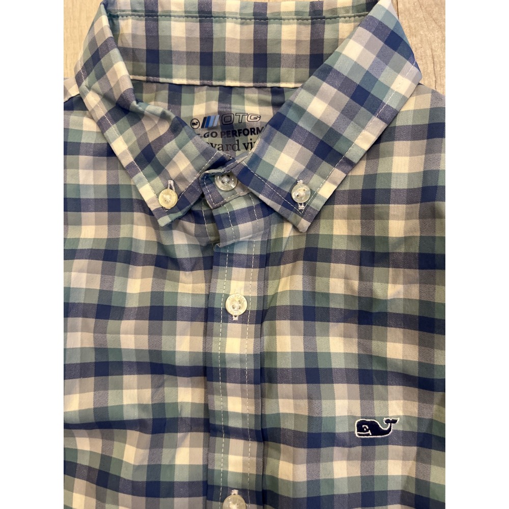 Vineyard Vines Boys M 12-14 On-The-Go Performance Gingham Shirt Blue Green brrr